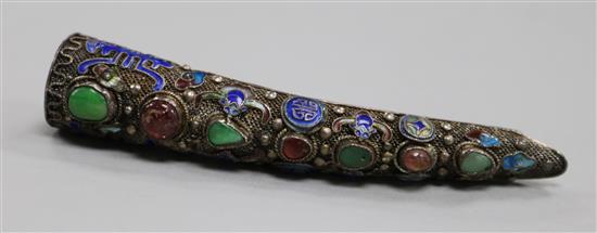 A late 19th/early 20th century Chinese silver filligree, enamel and gem set nail guard, 86mm.